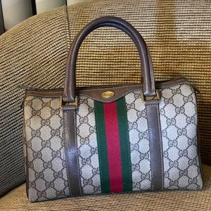 GUCCI Web Sherry Line GG Canvas Hand Bag Beige Red Green Authentic